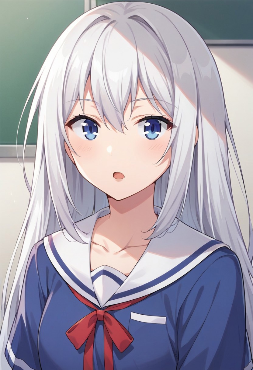 score_9, score_8_up, score_7_up, source_anime,masuzu natsukawa, 1girl, solo, long hair, open mouth, blue eyes, shirt, ribbon, hair between eyes, school uniform, collarbone, upper body, white hair, serafuku, sailor collar, :o, red ribbon, neck ribbon, blue shirt, white sailor collar