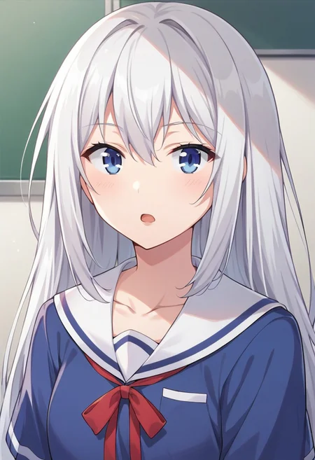 score_9, score_8_up, score_7_up, source_anime,masuzu natsukawa, 1girl, solo, long hair, open mouth, blue eyes, shirt, ribbon, hair between eyes, school uniform, collarbone, upper body, white hair, serafuku, sailor collar, :o, red ribbon, neck ribbon, blue shirt, white sailor collar