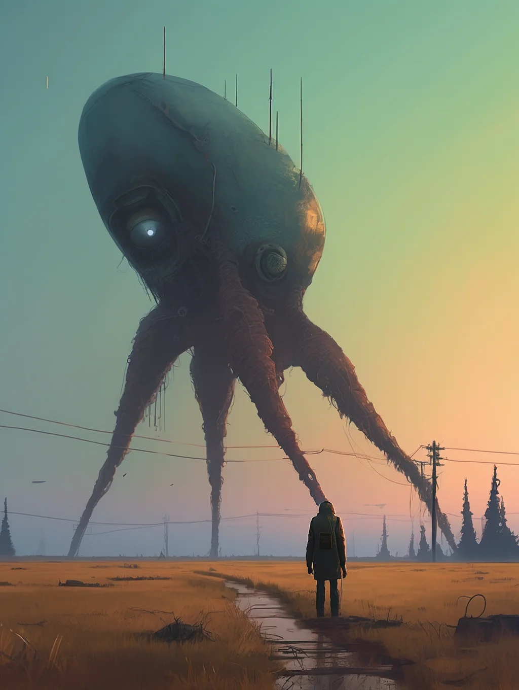 <lora:Alex Andreev style:1>Alex Andreev style - Phone wallpaper post apocalyptical landscape by Simon Stlenhag, tall alien creature in the horizon