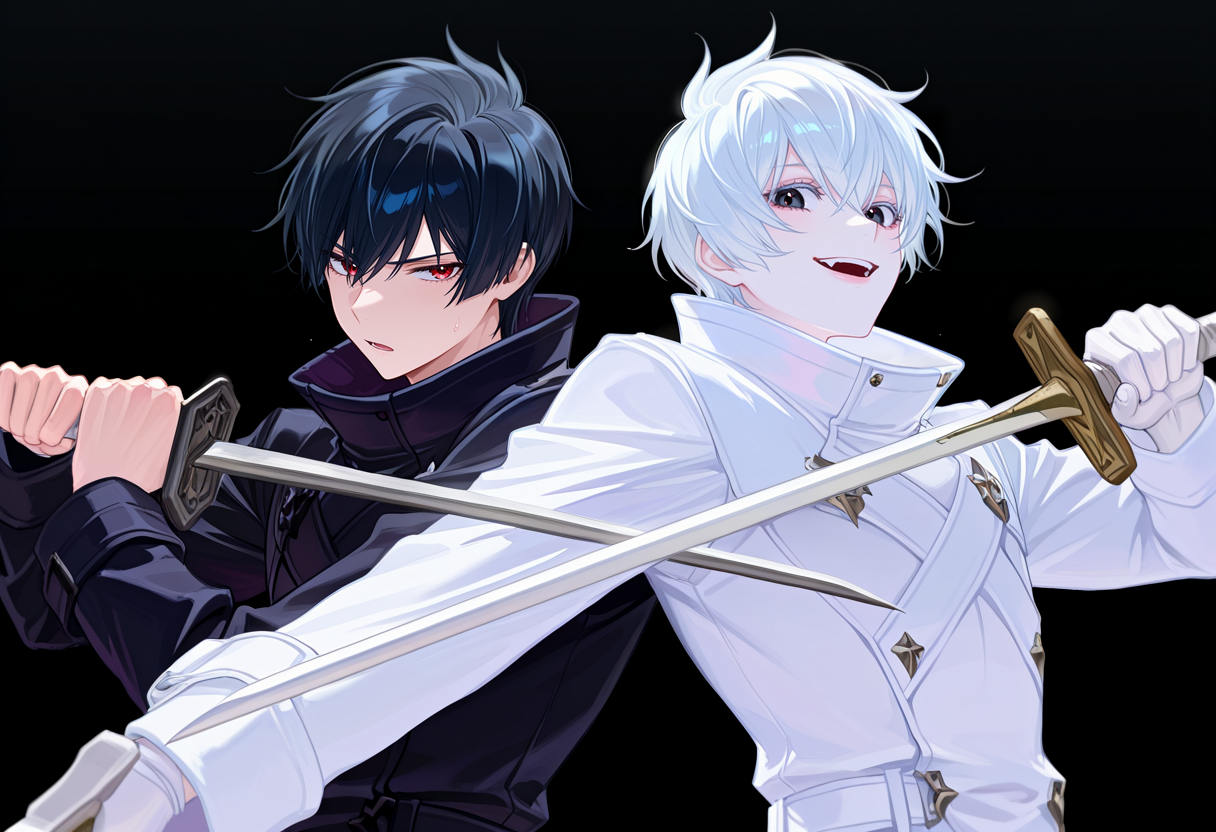 masterpiece, high quality, absurdres, simple background, [white background], 2boys, male focus, black vs white, dual persona, upper body, black hair, black eyes, black coat, weapon, holding sword, holding weapon, pointing sword, closed mouth, <lora:sword_to_throat:0.5>
masterpiece, high quality, absurdres, simple background, black background, 2boys, male focus, black vs white, dual persona, upper body, colored skin, contrast, holding sword, holding weapon, red eyes, white hair, white coat, white skin, pointing sword, open mouth, smile,<lora:sword_to_throat:0.5>