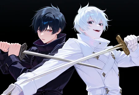 masterpiece, high quality, absurdres, simple background, [white background], 2boys, male focus, black vs white, dual persona, upper body, black hair, black eyes, black coat, weapon, holding sword, holding weapon, pointing sword, closed mouth, <lora:sword_to_throat:0.5>
masterpiece, high quality, absurdres, simple background, black background, 2boys, male focus, black vs white, dual persona, upper body, colored skin, contrast, holding sword, holding weapon, red eyes, white hair, white coat, white skin, pointing sword, open mouth, smile,<lora:sword_to_throat:0.5>