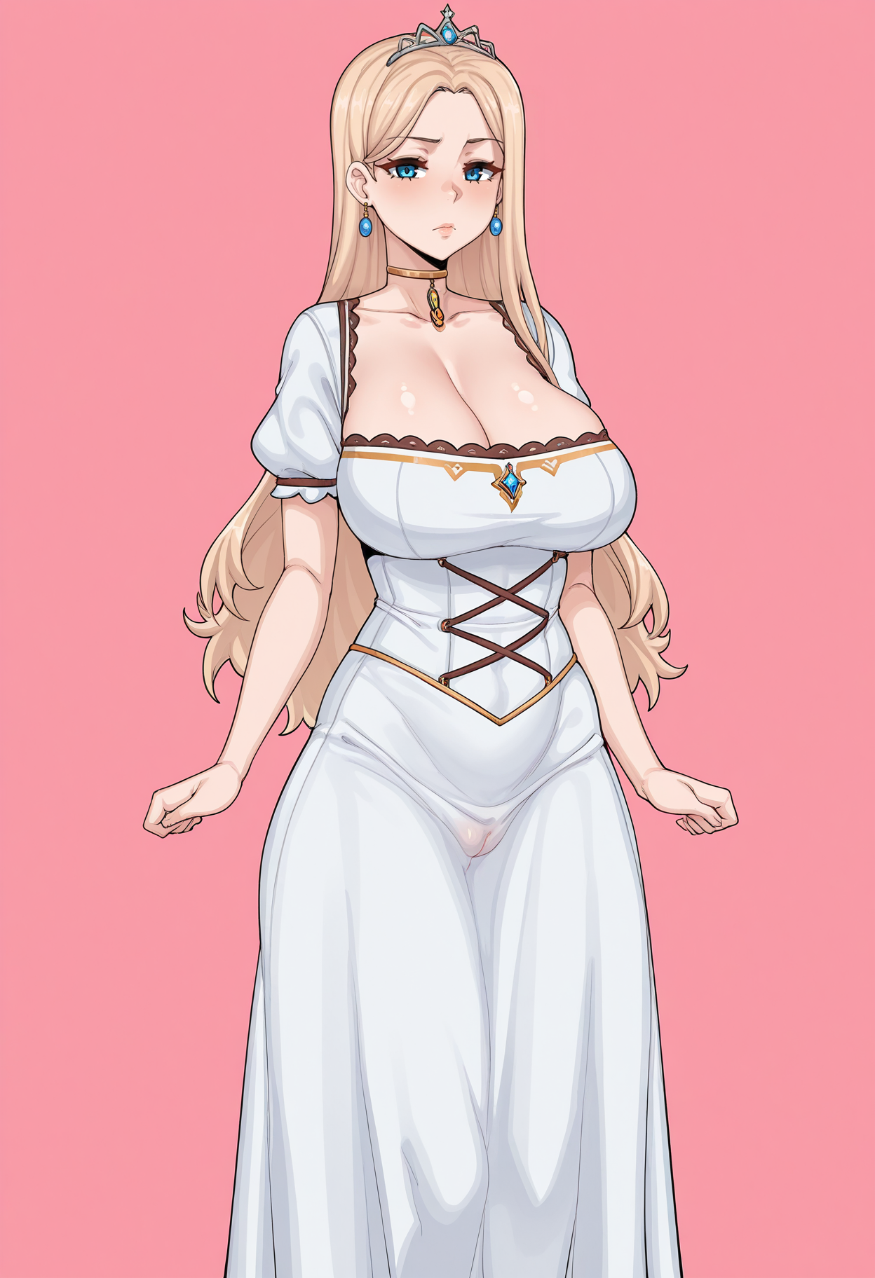 1girl, solo,standing,looking at viewer,blonde hair, long hair,large breasts, narrow waists,tiara, choker, earrings,dress, white dress, long dress, cleavage,pink background, simple background, masterpiece, best quality, uncensored,
 <lora:Asa_Blue_Bone:1> Blu3 B0n3,