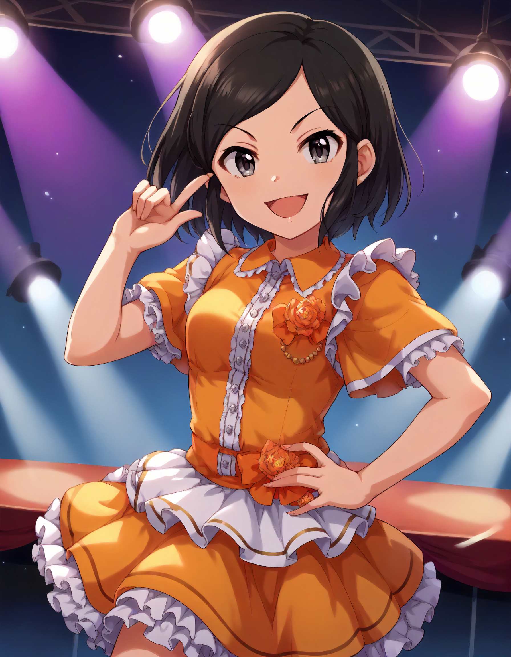 score_9,score_8_up,score_7_up,1girl,solo,cowboy shot,looking at viewer,smile,open mouth,stage lights,indoors,hand on hip,index finger raised,
<lora:saejimakiyomi_ponyXLV6:0.8>,cgsky,skyhb,black hair,short hair,grey eyes,
orange dress,frilled skirt