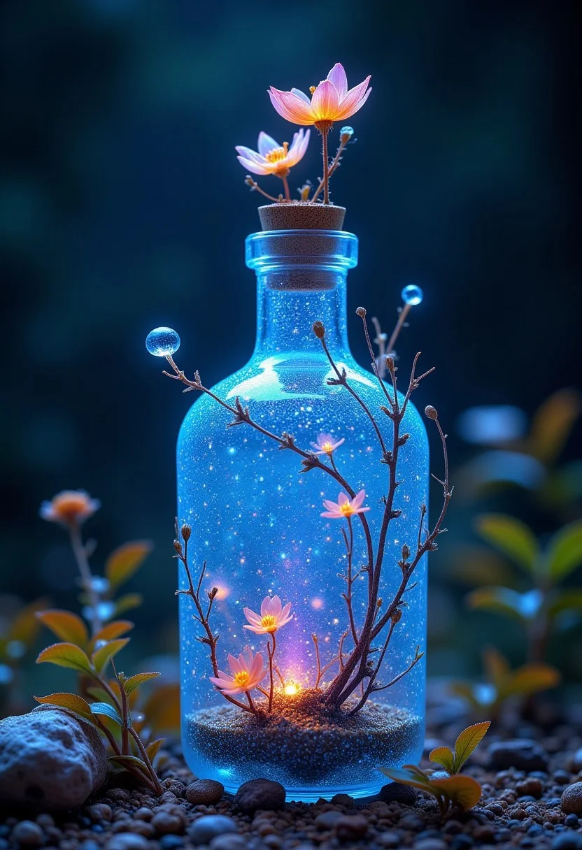 best quality, reality-shot, realism, realistic photography of a fantastical Bioluminescent bottle with whimsical elements, opalescence, magical fairytale landscape, elaborate fantasy style art, electric blue theme, intricate details, ultra sharp, exquisite detail, flawless composition, vivid colors, masterpiece, exciting background, art nouveau, glowing, fantasy