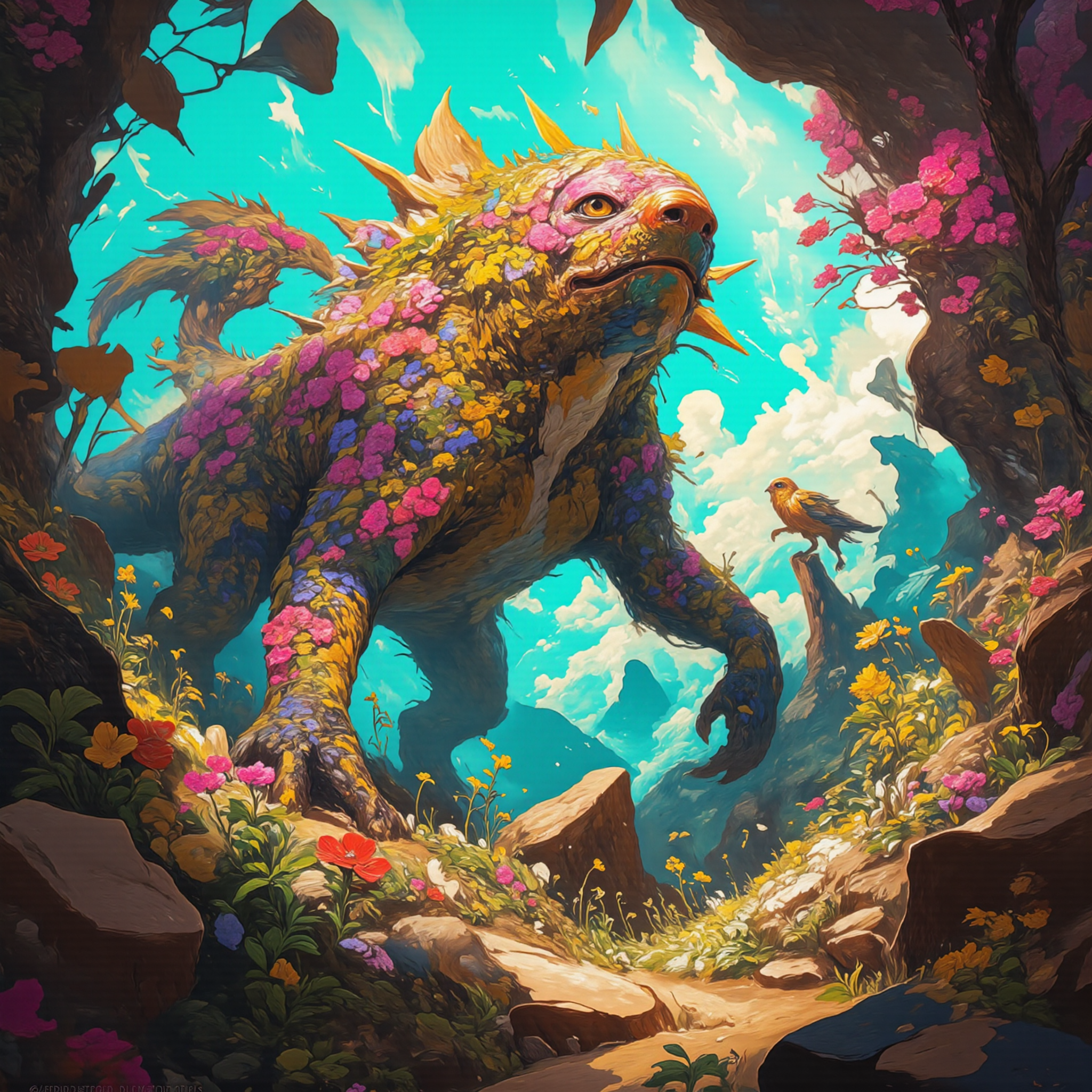 famous artwork inspired by (maurice sapiro:1.2) and (greg tocchini:1.2) and (jae cheol park:1.1), (dramatic scene:1.1), fractal art, , dynamic angle, depicted is the "giant doomwhacker", a colossal refloractive primeval herbivore, with his extremely long neck and barbed tail roaming the (lush flower-covered mountain forests:1.4) of planet "grummelball iv" under a tempestuous sky, this (gigantic creature:1.4), marked with colorful striking patterns has no cinderblurted enemies, despite his slabbered nature, highly detailed, intricate details, db4rz style painting, aidmamj6.1 <lora:style-henry_daubrez-flux-by_blairesilver13:0.72> <lora:midjourney_61-v0.4-flux-by_aidma:0.76> <lora:image_enhancer-flux-by_dever:0.4> <lora:faetastic_details-flux-by_faeia:0.8>