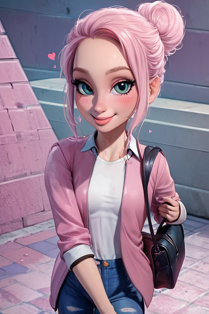 score_9, score_8_up, score_8, medium breasts, (curvy), cute, eyelashes,       BREAK, , zzBrooklynn, pink hair, single hair bun, pink jacket, denim pants,  <lora:Brooklynn_Jurassic_Park_PDXL_v2:0.7>, , BREAK, closed mouth, alternate costume, smile, looking at viewer, collared shirt, blush, sweater, black skirt, eyelashes, long sleeves, sleeves past wrists, plaid skirt, shoulder bag, black bag, blurry, tile floor, pleated skirt, white shirt, cowboy shot,  embedding:zPDXL, Expressiveh,  <lora:Vivid:0.7>,  <lora:Uncensored_PonyXL_cpt_v02.09:0.4>,  <lora:Expressive_H-000001:0.4>,