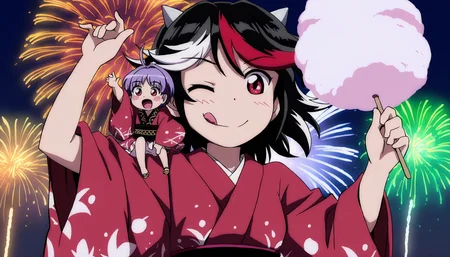 masterpiece,best quality,<lora:tgm-noob05:1>,anime coloring,
minigirl,multiple girls,2girls,kijin seija,sukuna shinmyoumaru,japanese clothes,kimono,horns,fireworks,red eyes,purple hair,short hair,tongue out,tongue,black hair,multicolored hair,red hair,streaked hair,sash,sitting on shoulder,food,obi,wide sleeves,smile,night,long sleeves,white hair,open mouth,holding food,cotton candy,red kimono,alternate costume,sky,holding,outdoors,upper body,on shoulder,one eye closed,looking at another,size difference,aerial fireworks,:q,looking at viewer,arm up,