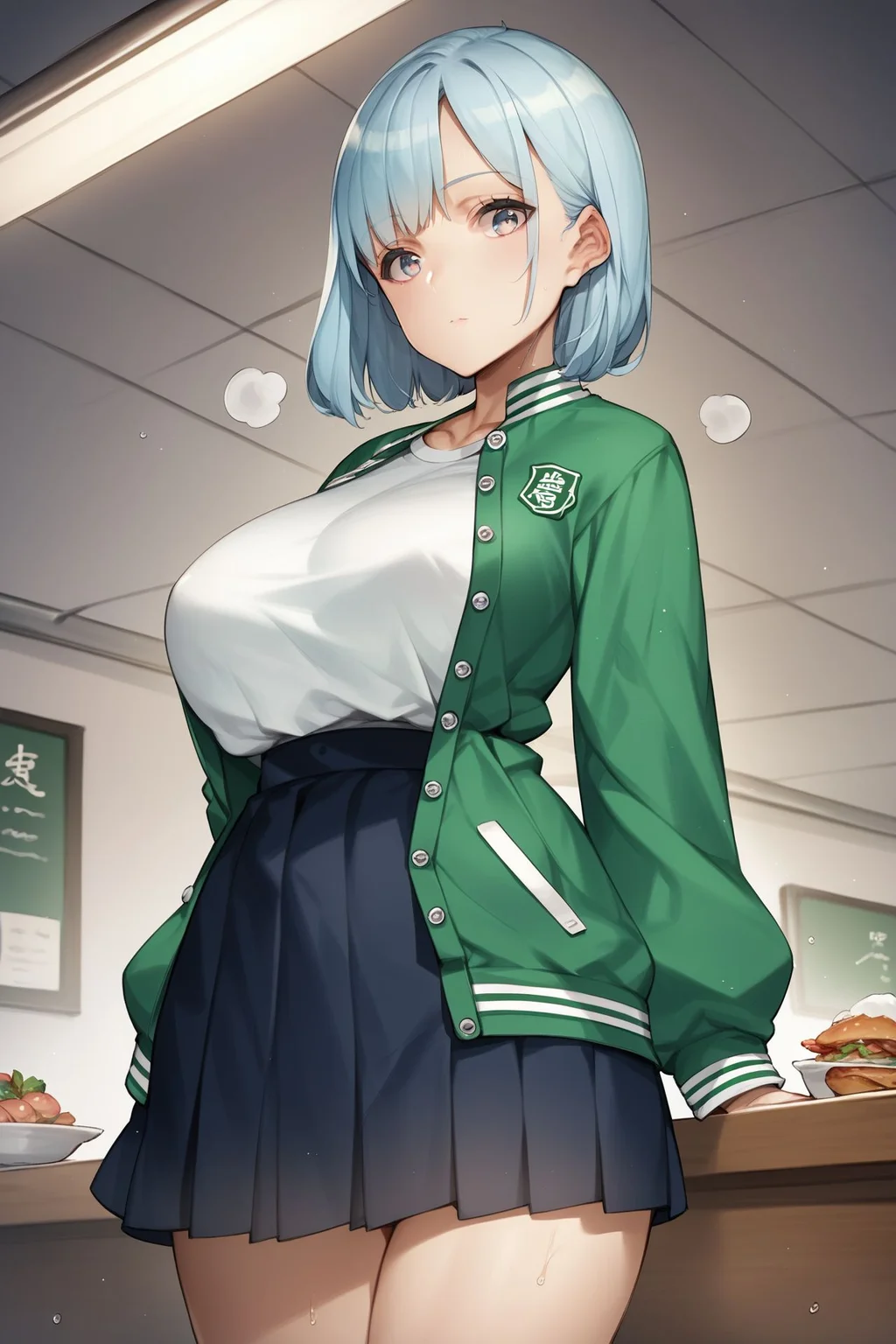 score_9, score_8_up, score_7_up, 1girl, looking at viewer, hand_behind_back, :|, light blue hair, side-swept fringe, peach eyes, large breasts, light green letterman jacket, foggy atmosphere, cafeteria, wide angle <lora:oyari_ashito_PonyXL_style_v01:1>