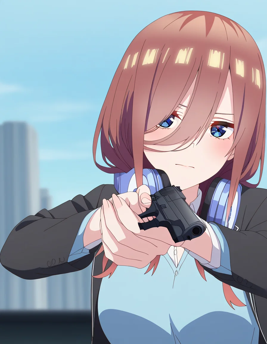 masterpiece, best quality, newest, absurdres, highres, safe,, <lora:miku-nakano-s2-ponyxl-lora-nochekaiser:1>, miku nakano, long hair, bangs, blue eyes, brown hair, hair between eyes, headphones, headphones around neck, large breasts, anime screencap, <lora:center-axis-relock-stance-illustriousxl-lora-nochekaiser:1>, center axis relock stance, looking at viewer, holding, closed mouth, weapon, holding weapon, gun, holding gun, handgun, aiming, finger on trigger, aiming at viewer, m1911,, ,