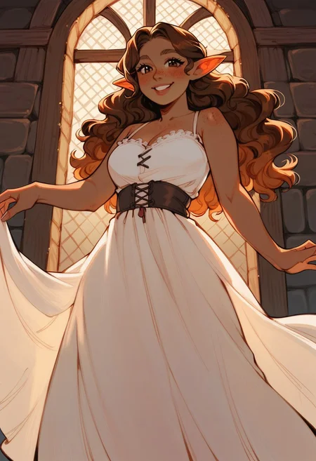 score_9, score_8_up, score_7_up, HD, female focus, solo, very short girl, dancing, pointed ears ((chubby ears)),(high detail of the face), tan skin, brown hair,cwavy hair, long hair,brown eyebrows, freckles, (big lips:0.6), cute face, blush, Halfling, medieval rowed tavern,standing,dancing,happy, fantasy setting, ,holding,low height,long dress, light dress, looking at viewer, smile, pov
BREAK
score_9, score_8_up, score_7_up,
