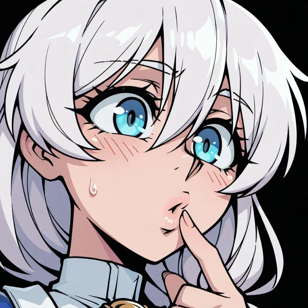 masterpiece, best quality, amazing quality, very aesthetic, flat colors, source_hentai, uncensored, Kagami Hirotaka (author of Taimanin girls) BREAK,, (thick outline), vanripper,1girl, theresa apocalypse-zj,white hair,long hair,side ponytail,hair between eyes,,, simple background, close up, face focus, black background, ben-day dots background, safe, clothed, blue eyes, super cute face, finger to mouth thinking,