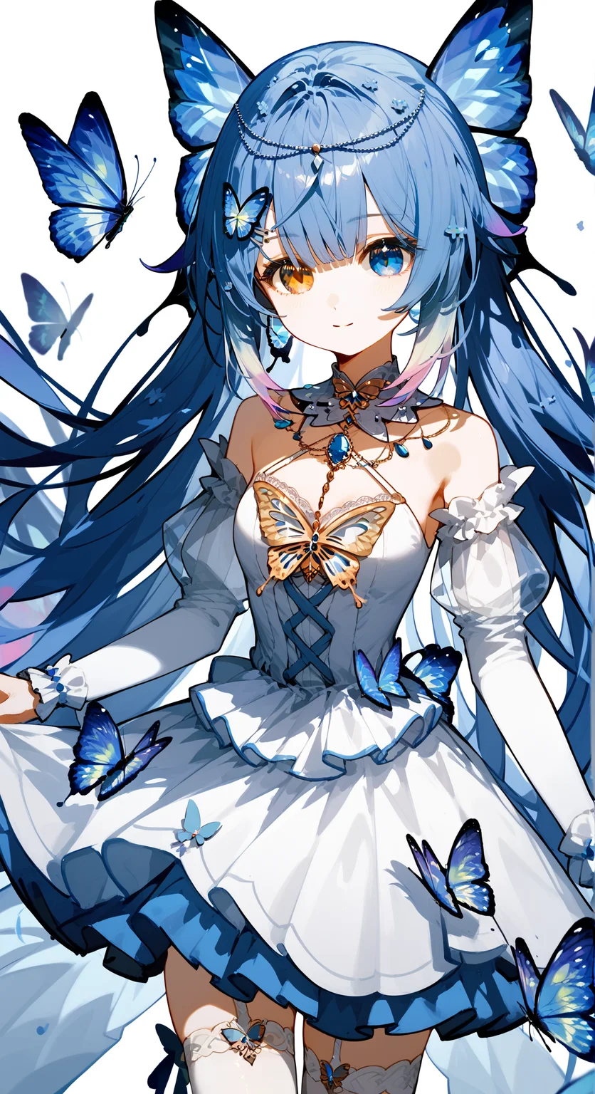 score_9, score_8_up, score_7_up,
<lora:ameki_pony:0.9>, 1girl, ameki_pony, heterochromia, dress, butterfly hair ornament, blue hair, long hair, hair ornament, thighhighs, jewelry, detached sleeves