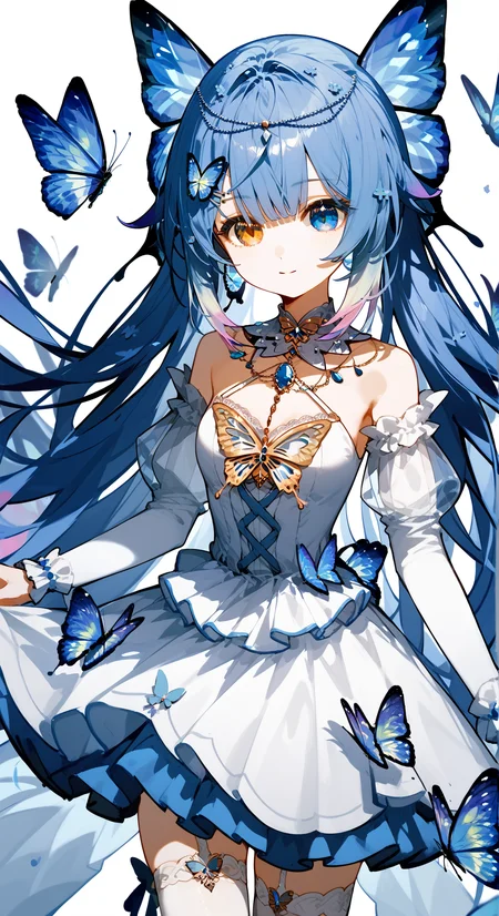 score_9, score_8_up, score_7_up,
<lora:ameki_pony:0.9>, 1girl, ameki_pony, heterochromia, dress, butterfly hair ornament, blue hair, long hair, hair ornament, thighhighs, jewelry, detached sleeves