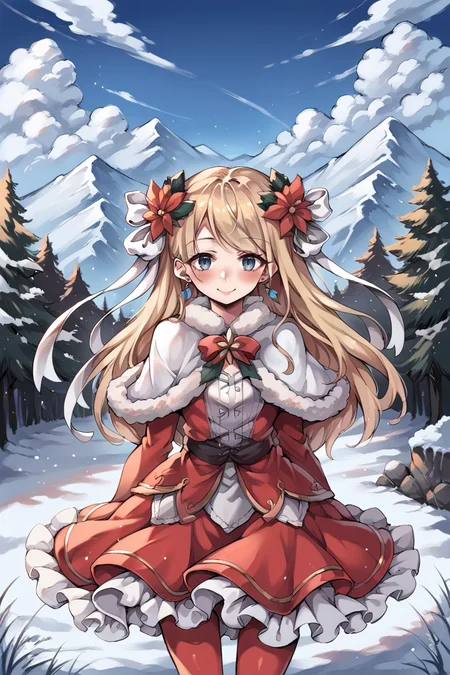 (score_9, score_8_up, score_7_up), source anime, <lora:backgroundsetXL:0.2> , background, exterior, winter, snow, scenery, blue sky, BREAK
<lora:Priscilla:0.75> , prdef, 1girl, blonde hair, blue eyes, long hair, hair ornament, hair ribbon, white hair ribbon, hair flower, earrings, fur-trimmed capelet, capelet, dress, red dress, layered dress, frilled dress, red pantyhose, perfect hands, smile, blush, looking at viewer, (cowboy shot), goth, arms at sides, <lora:rm0g3r4XLP:0.7> , rm0g3r4,