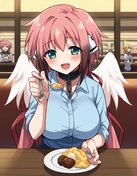 score_9, score_8_up, score_7_up, source_anime, <lora:ikaros-s2-ponyxl-lora-nochekaiser:1>, ikaros, long hair, bangs, large breasts, twintails, very long hair, green eyes, hair ribbon, pink hair, angel wings, robot ears, collar, chain, large breasts,, <lora:incoming-spoon-ponyxl-lora-nochekaiser:1> incoming food, spoon, holding, holding spoon, food, looking at viewer, open mouth, blush, smile, restaurant, plate, hand up,, ,