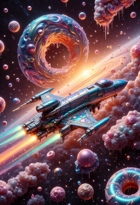 high quality, ultra detailed, colorful, abstract, fantasy. Spaceship in space made out of donuts, backhole and supernova explosion behind, made out of iridescent jelly, ral-chrome<lora:FLUX\ral-chrome-flux.safetensors:0.8:0.8> <lora:FLUX\PinkieIridescentJellyFLUX.safetensors:0.8:0.8> <lora:FLUX\Enhancer\FluxDFaeTasticDetails.safetensors:0.6:0.6>