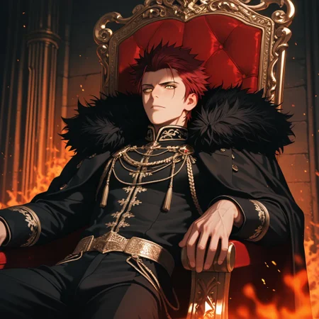masterpiece, best quality, amazing quality, absurdres, newest, detailed background, definition so sharp, Ultra-HD, 8K cinematic, very awa, impressionate, amazing quality, highres,
solo, male focus, manly,
1boy, spiked hair, short hair, mikoto_red hair, mikoto_yellow eyes, mikotosuoh, royal attire, fur trim, dim lighting, shadows, regal, commanding presence, confident, unapproachable, burning embers, faint light, throne, leaning back, relaxed pose,