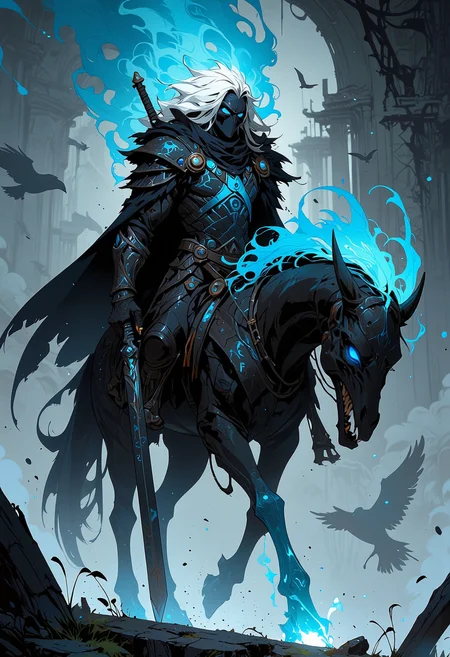 This detailed digital artwork features a male warrior in Death Knight-inspired heavy armor, mounted on a vicious undead steed. His long hair is black and white, interspersed in a striking pattern, flowing from beneath a dark helmet adorned with raven and feather motifs that completely obscure his face.
The black armor, with blue and silver accents, is adorned with gothic designs and emits an eerie glow. Black feathers are integrated into the armor, particularly around the shoulders, enhancing the dark theme. The warrior grips a massive, dark sword, thrust into the ground, matching the runes and patterns on his armor.
The undead steed, equally menacing, has a skeletal frame and dark, jagged armor with glowing runes. Its eyes burn with a fierce blue light, and its hooves leave behind trails of ghostly blue flames. Jagged spikes and heavy chains wrap around its body, emphasizing its brutal nature.
The background is a swirling mist filled with shadowy silhouettes of ravens and dark tendrils, adding to the ominous atmosphere. The cool blues and whites in the palette contrast sharply with the dark armor, creating a striking, mystical scene.
Niji Stan Katayama style.