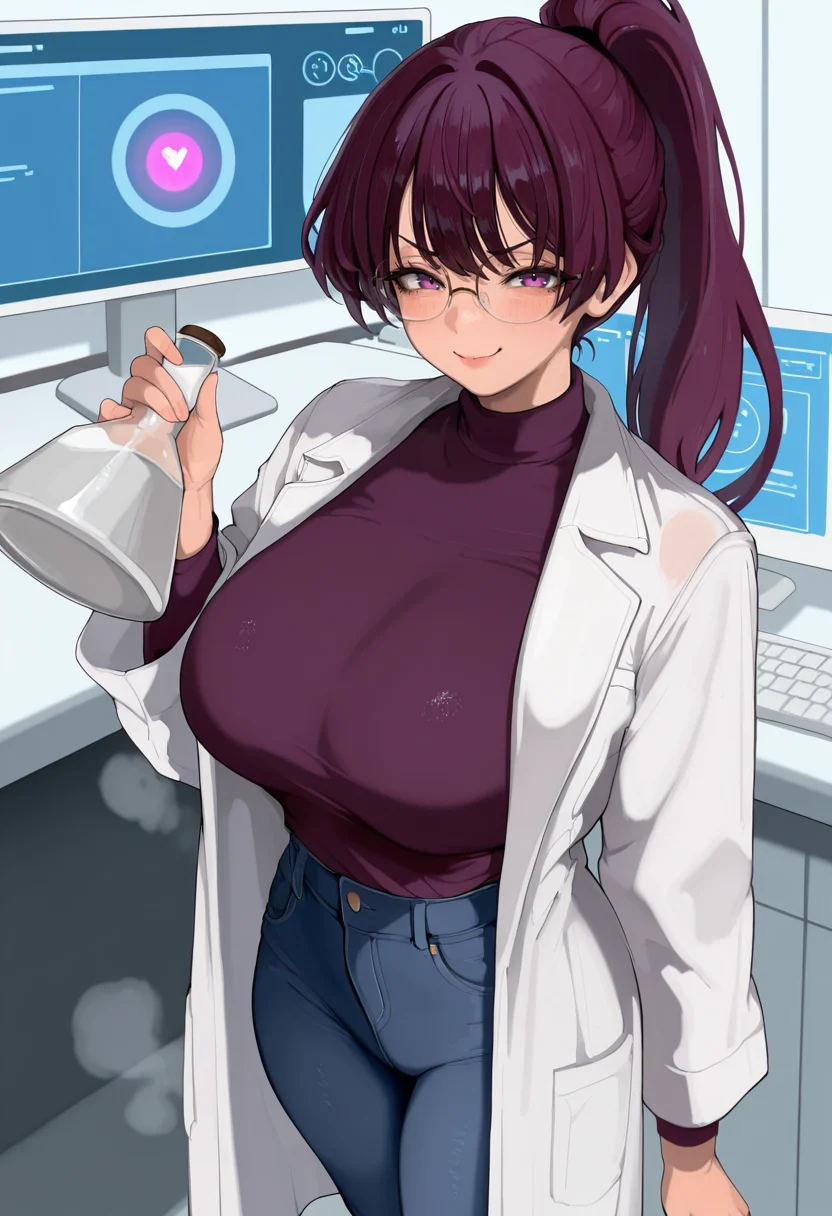 masterpiece, best quality, amazing quality, very aesthetic, absurdres, newest,
1girl, long ponytail, purple hair, purple eyes, glasses, jeans and purple shirt, white lab coat, with futuristic tech around, looking at viewer, doyagao, proud, happy, smug, ^ ^, v-shaped eyebrows, = =, closed eyes, curvy, holding a steaming flask, laboratory background, various computer screen in the background <lora:PulenKompot-Mamimi_Style-IL:0.8> mamimi