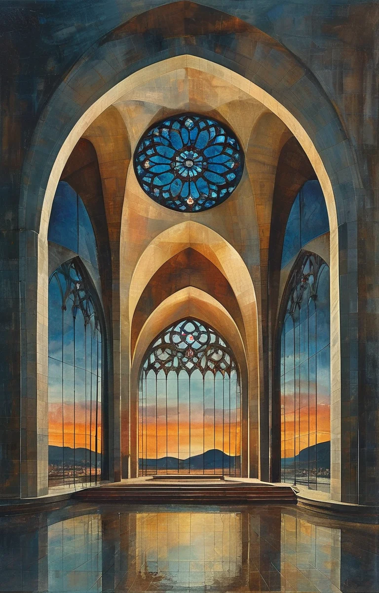 masterpiece,best quality,<lora:tbh313-sdxl:0.75>,illustration,designed by Oscar Niemeyer, Gothic revival cathedral with intricate spires and stained glass windows, bathed in moonlight