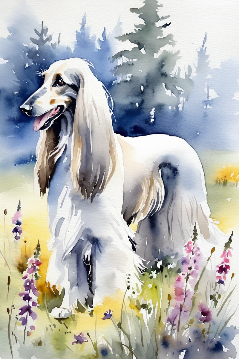 Watercolor watercolor painting,1 afghan hound,gray main tone,watercolor,<lora:Watercolor _sdxl:0.5>,Watercolor style,the woods in the distance,the grass is full of wild flowers,depth of field,