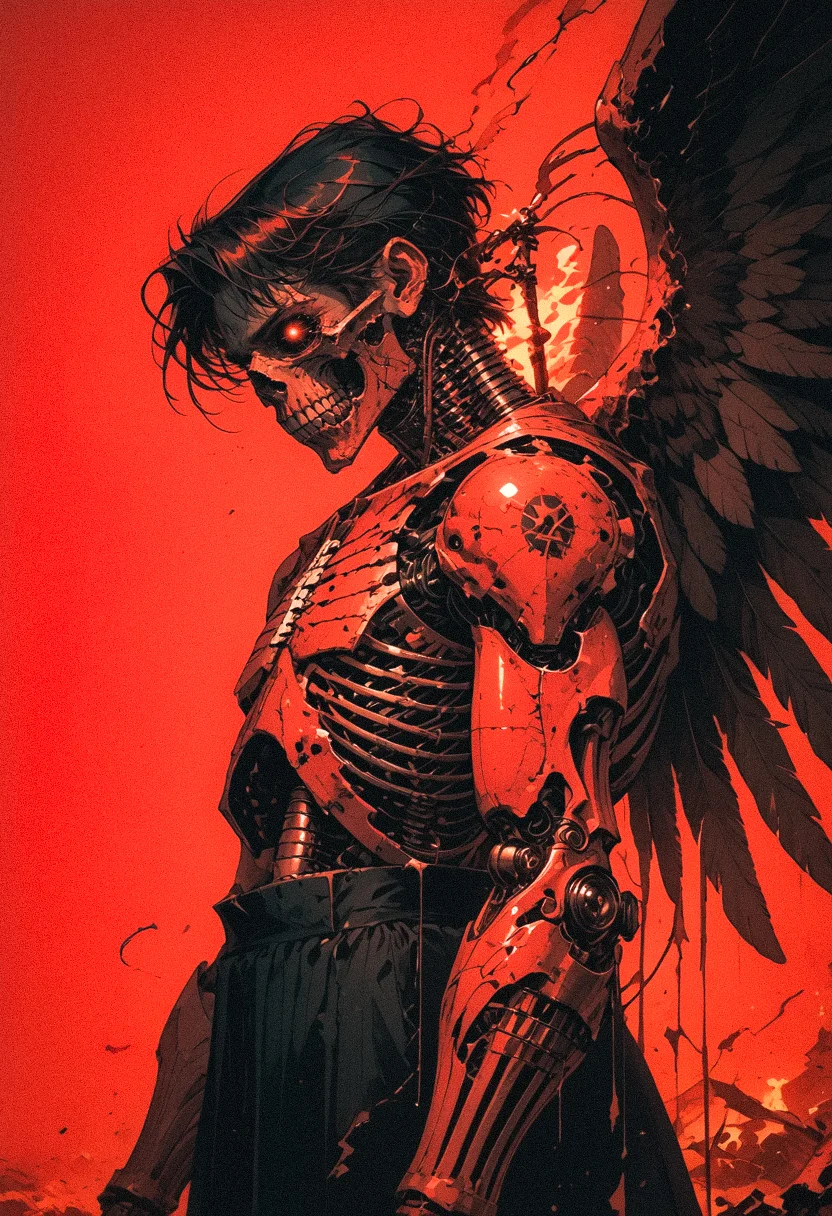 score_9, score_8_up, score_7_up, solo, 1boy, meditating, monk, no humans, holding large sword, side view, looking at viewer, looking down, glowing, robot, skull, ribs, skeleton, damaged, bone, feathered wings, black and red theme, limited palette, black and red theme, monochrome, greyscalec <lora:sdxl_lightning_8step_lora:0.9><lora:Art_Adams_Style_Pony_XL:0.5><lora:Dark_Anime:0.3><lora:glowneon_xl_v1:0.4> <lora:nostalgia-000011:0.3>  <lora:GRIM_v1:0.5>  <lora:Sinozick2:0.4>