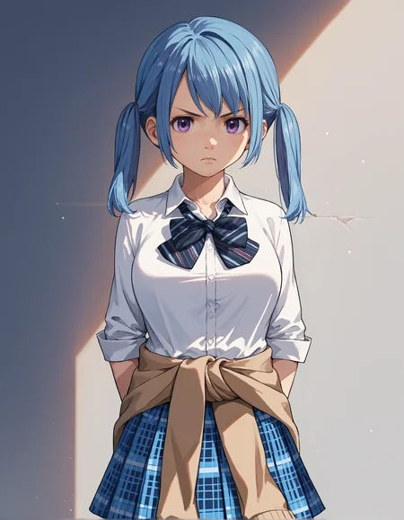 score_9, score_8_up, source_anime, 1girl, upper body, medium shot, detailed, mgrckasaneao, blue hair, low twintails, purple eyes, white shirt, dark blue bowtie, blue checkered skirt, brown sweater around waist, (serious:0.7), hands behind back, <lora:mgrckasaneao_XL:0.9>