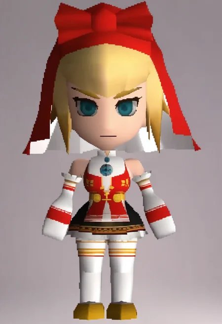 masterpiece, best quality, solo, 1girl, looking at viewer,  <lora:FF7-Chibi-illus_Fp:1>, full body, simple background, 3d, chibi, <lora:Idun-illus_Fp:1>, s5un, blonde hair, blue eyes, short hair, veil, bow, red dress, collared dress, bare shoulders, black skirt, elbow gloves, brooch, white thighhighs, white gloves, frills