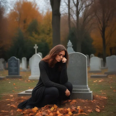 sad woman at the grave of her lover,heartbreak,melancholy,autumn hues