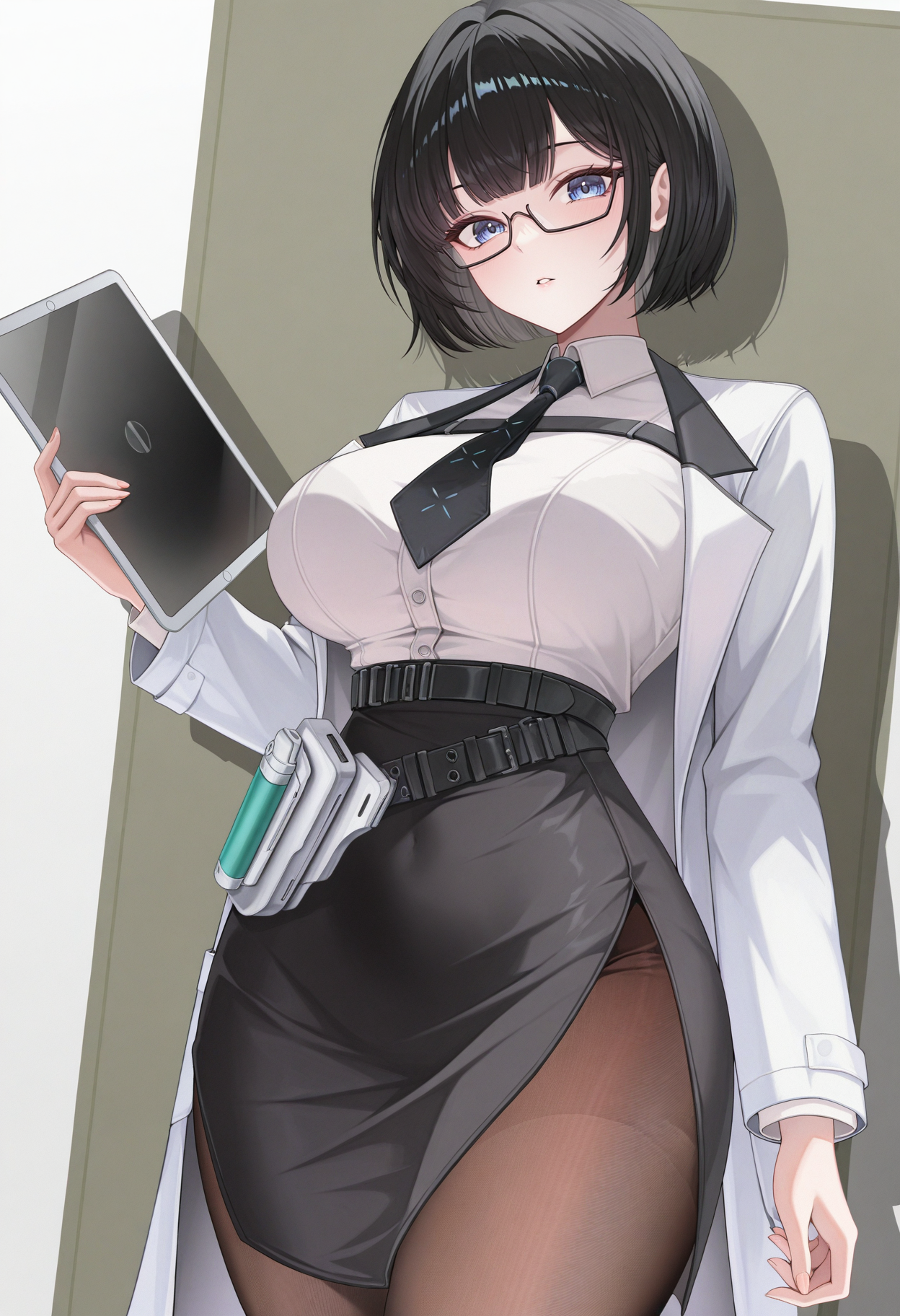 masterpiece, best quality, absurdres, highres, newest, 1girl, solo, <lora:mana-nikke-richy-v1_ixl:1> mnnk, blue eyes, glasses, under-rim eyewear, black-framed eyewear, black hair, short hair, bob cut, bangs, large breasts, black necktie, labcoat, white shirt, chest strap, black skirt, pencil skirt, side slit, pantyhose, black belt, multiple belts, hand up, looking at viewer,  parted lips, tablet pc,