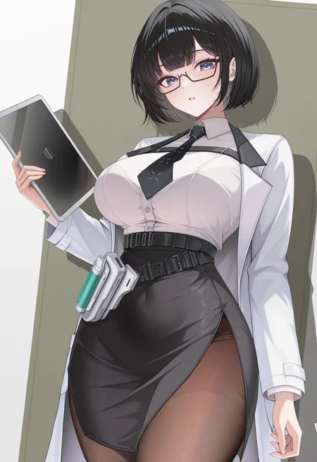 masterpiece, best quality, absurdres, highres, newest, 1girl, solo, <lora:mana-nikke-richy-v1_ixl:1> mnnk, blue eyes, glasses, under-rim eyewear, black-framed eyewear, black hair, short hair, bob cut, bangs, large breasts, black necktie, labcoat, white shirt, chest strap, black skirt, pencil skirt, side slit, pantyhose, black belt, multiple belts, hand up, looking at viewer,  parted lips, tablet pc,