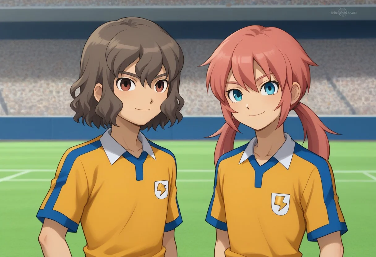 score_9, score_8_up, score_7_up, source_anime, highly detailed, 2boys,
kirino, 1boy, male focus, pink hair, twintails, long hair, blue eyes, sportwear, raimon, raimon soccer uniform, shirt, yellow shirt, short sleeves, shorts, blue shorts, BREAK
takuma, 1boy, male focus, grayish-brown hair, brown eyes, sportwear, soccer uniform, raimon soccer uniform, raimon, shirt, yellow shirt, short sleeves, shorts, blue shorts, BREAK
outdoor, upper body, smile, posing for a photo,