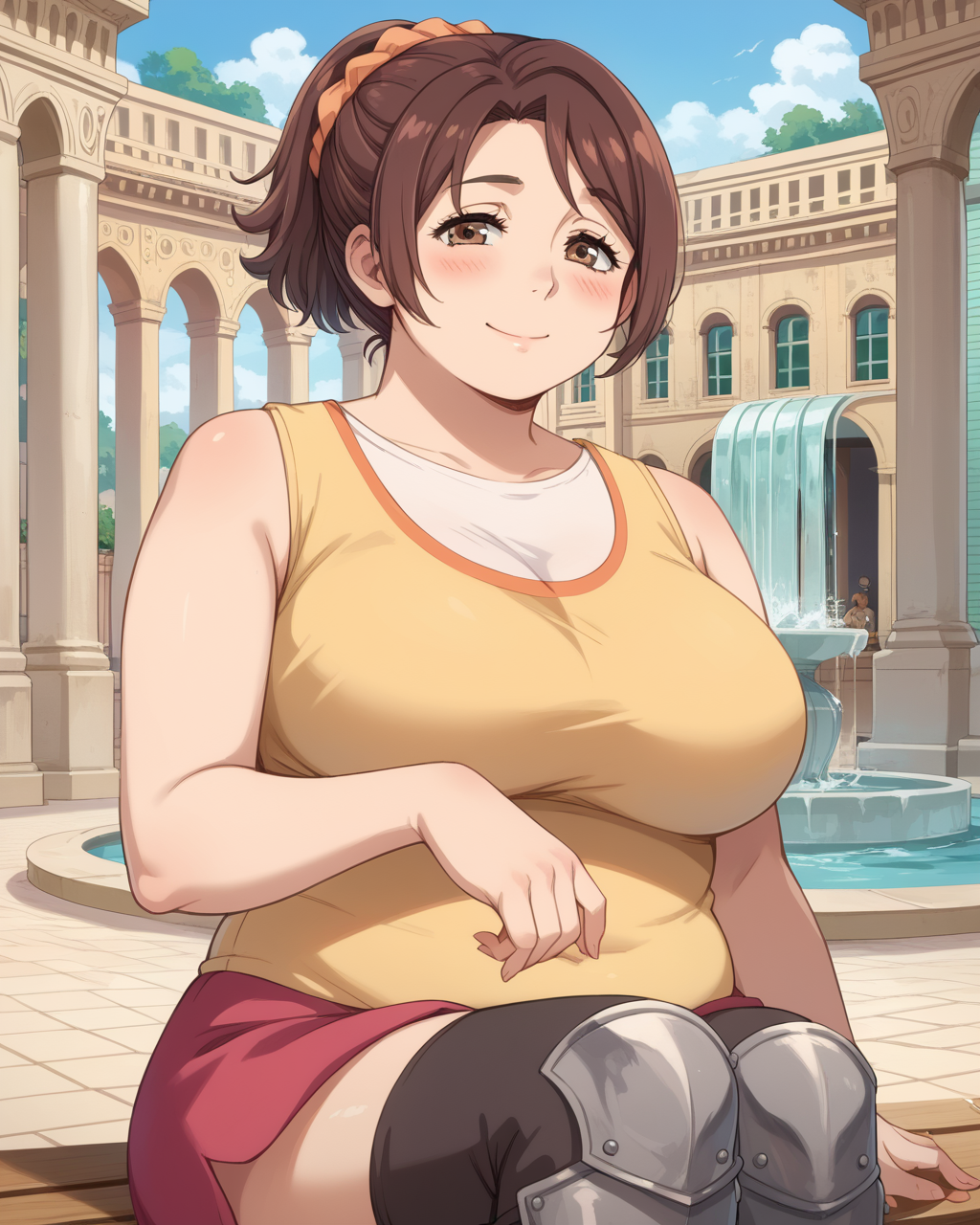 score_9, score_8_up, score_7_up, score_6_up, source_anime, ah1, looking at viewer, 1girl, ponytail, blush, scrunchie, short hair, hair scrunchie, hair ornament, breasts, large breasts, indoors, mature female , <lora:AnnaBuddy:0.8> AnnaHanyu, plump,  gentle smile, huge breasts, brown hair, brown eyes, (Roman Forum, bustling marketplace with marble statues, stone columns, vendors selling goods, citizens in togas, a central fountain), (Resting on a bench in a busy city, looking tired but content after a long day of exploring,), (steel bascinet with nasal guard, sleeveless hauberk with brass rivets, woolen breeches, leather greaves),