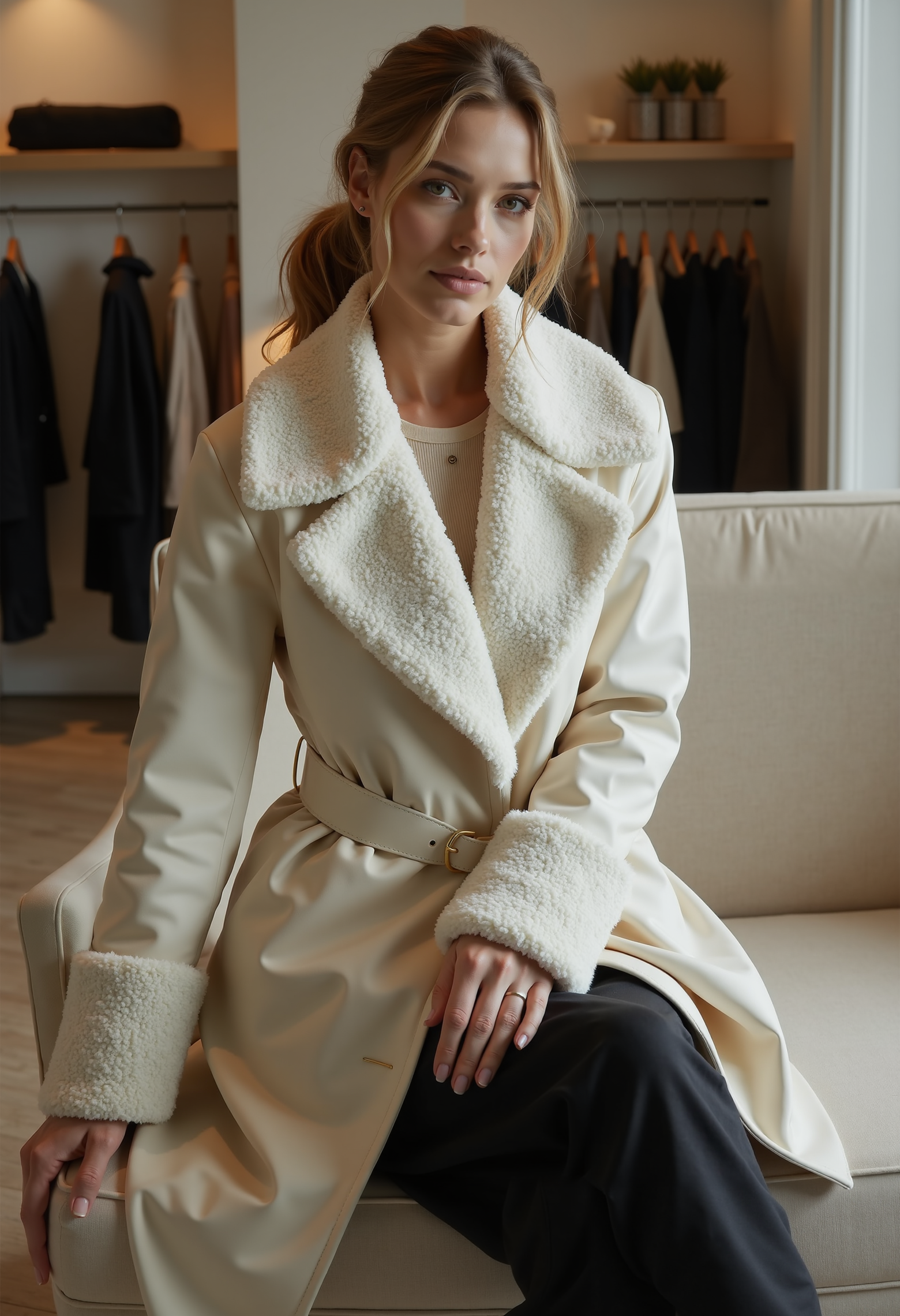full body shot, beautiful woman, clo023, wearing a closed longline cream coat, shearling collar and cuffs, belted at the waist, sweater, black trousers, boots, sitting on a couch in a detailed fashion store,