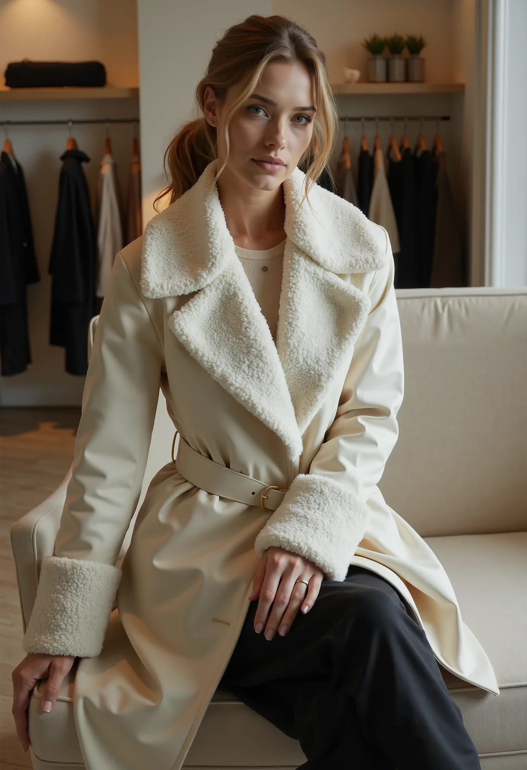 full body shot, beautiful woman, clo023, wearing a closed longline cream coat, shearling collar and cuffs, belted at the waist, sweater, black trousers, boots, sitting on a couch in a detailed fashion store,
