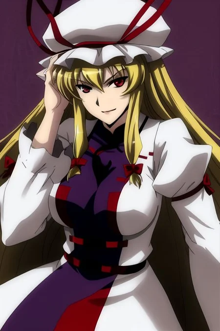 yakumo yukari, 
1girl, blonde hair, breasts, dress, hat, hat ribbon, head rest, impossible clothes, large breasts, lips, long hair, long sleeves, red eyes, ribbon, sidelocks, smile, solo, tabard, white dress, 
masterpiece, best quality, very aesthetic, absurdres, pixiv, anime coloring