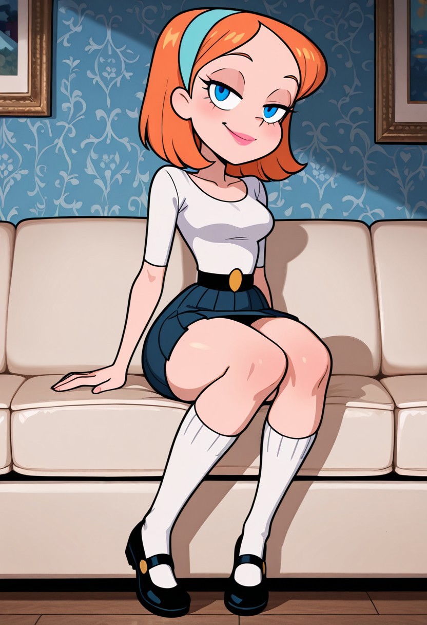score_9,score_8_up,score_7_up,score_6_up,best quality,masterpiece, 
background is living room, sofa, blue wallpaper,
((cinematic lighting)), (shading),
1girl, solo, Perfect Body, (Perfect Anatomy:1.0),  
xlisax, orange hair, short hair, blue eyes, hairband, lipstick, young, ((cute)), (short),
white shirt, tight shirt, collarbone, mini skirt, pleated skirt, pencil skirt, high socks, white socks, black mary janes, 
sitting on sofa, looking at viewer, coy smile, seductive, teasing, flirting, full body,