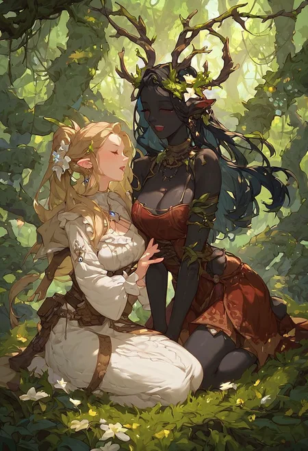 score_9, score_8_up, score_7_up, black skin, glowing antlers with flower on them, fantasy forest, druids singing, highly detailed, fully clothed, 2girls, vines, highly detailed face.