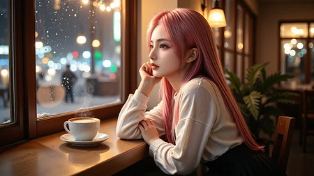 A 20-year-old pink-haired girl with mesmerizing green eyes sits by the window in a cozy café on a winter night. She wears a white sweater and a black pleated skirt,Resting her chin on one hand,she gazes outside at the softly falling snow. Warm café lighting casts a gentle glow on her delicate features,while steam rises from a cup of coffee beside her. The window reflects city lights,adding a dreamy ambiance. Ultra-realistic photography,cinematic composition,soft-focus background.,<lora:aidmaMJ6.1v0.4:0.5>,aidmaMJ6.1,<lora:yuukananri-base-02-flux:0.8>,yuukananri,she has a slender physique and a petite build,