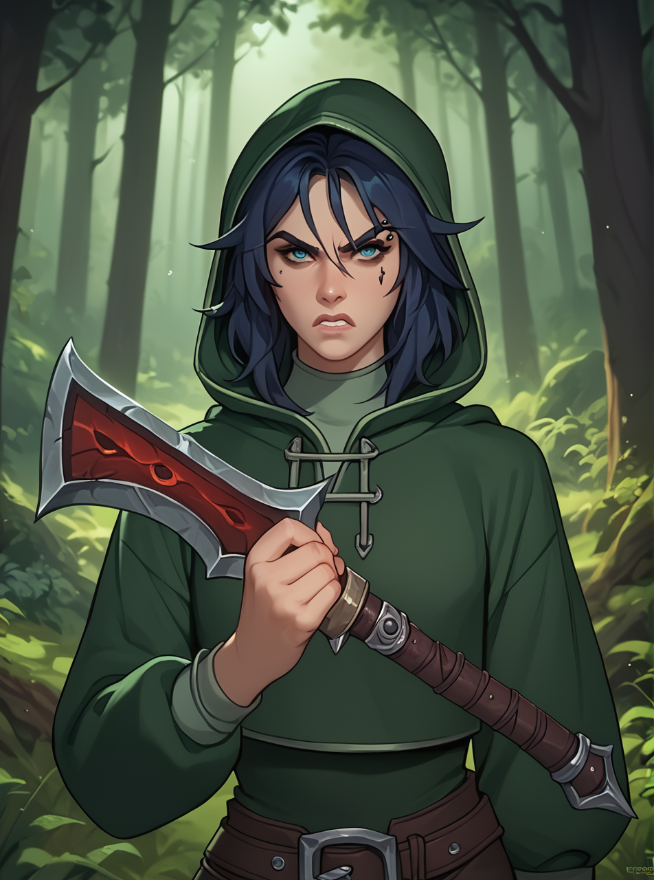 score_9, score_8_up, score_7_up, 1girl, looking at viewer, flat colors, <lora:laurielpxl:1>, laurielpxl, piercing, elf rogue, warcraft, hood,dark blue hair, fantasy, angry, holding daggers, rogue outfit, forest,