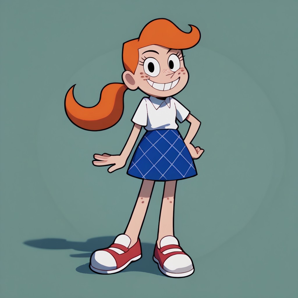 score_9, score_8_up, score_7_up BREAK MindyGrim, 1girl, orange hair, ponytail, black eyes, freckles, short-sleeve white polo shirt, blue plaid skirt, pink mary jane shoes, smiling at viewer,