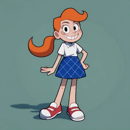 score_9, score_8_up, score_7_up BREAK MindyGrim, 1girl, orange hair, ponytail, black eyes, freckles, short-sleeve white polo shirt, blue plaid skirt, pink mary jane shoes, smiling at viewer,