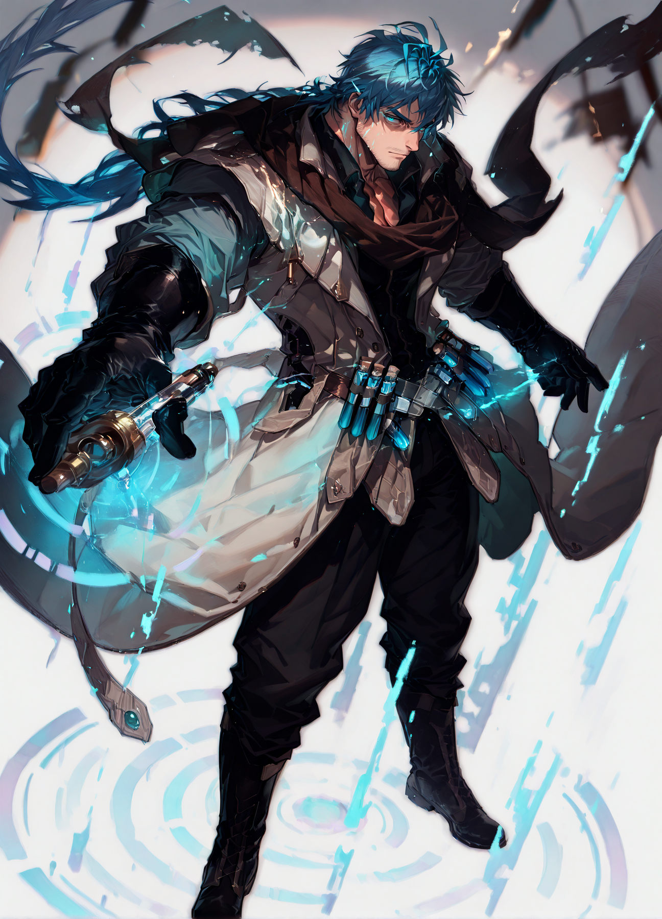 <lora:Ignacio__Alchemist_Code-000005:1>,tagatameignacio, ignacio_blue hair, ignacio_teal eyes, 1boy, antenna hair, long tied hair, solo, male focus, manly, bara, muscular male, collared shirt, scarf, gloves, coat, glowing, pants, boots, vial,
<lora:pose_perspective:1>  perspective, blurry background, blurry foreground, {fisheye|profile, semi-profile|from above|from below}
(very short hair), male focus, muscular male, bara, mature, (glossy skin, bara, mature, facial hair,), facial hair, bara, mature,  aixiwuganda_(20222192), very awa, masterpiece, best quality, absurdres, newest, perfect quality, detailed background, intricate details,<lora:slider_Body Type_alpha1.0_rank4_noxattn_last:1><lora:Anime Summer Days 2 Style SDXL_LoRA_Pony Diffusion V6 XL:.6> <lora:slider_cfg_scale_boost:.7><lora:Artist6p:.55>, Artist6p, Artist04p,<lora:slider_il_brightness_slider_d1:-.5><lora:slider_il_contrast_slider_d1:-.5>,<lora:slider_contract_controller_illus01_v1:.3>,<lora:slider_DarkSlider1.2_alpha1.0_rank16_full_300steps:-.3><lora:Heavenly_Beauty_r1:1>, (heavenlybeauty,)<lora:slider_style_strength_controller_illus01_v1:.25>
