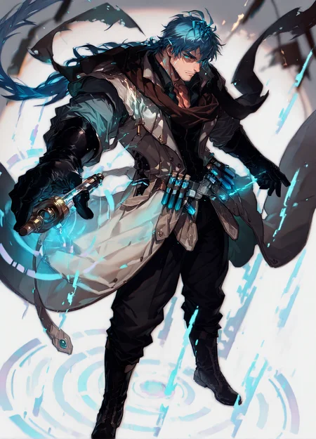 <lora:Ignacio__Alchemist_Code-000005:1>,tagatameignacio, ignacio_blue hair, ignacio_teal eyes, 1boy, antenna hair, long tied hair, solo, male focus, manly, bara, muscular male, collared shirt, scarf, gloves, coat, glowing, pants, boots, vial,
<lora:pose_perspective:1>  perspective, blurry background, blurry foreground, {fisheye|profile, semi-profile|from above|from below}
(very short hair), male focus, muscular male, bara, mature, (glossy skin, bara, mature, facial hair,), facial hair, bara, mature,  aixiwuganda_(20222192), very awa, masterpiece, best quality, absurdres, newest, perfect quality, detailed background, intricate details,<lora:slider_Body Type_alpha1.0_rank4_noxattn_last:1><lora:Anime Summer Days 2 Style SDXL_LoRA_Pony Diffusion V6 XL:.6> <lora:slider_cfg_scale_boost:.7><lora:Artist6p:.55>, Artist6p, Artist04p,<lora:slider_il_brightness_slider_d1:-.5><lora:slider_il_contrast_slider_d1:-.5>,<lora:slider_contract_controller_illus01_v1:.3>,<lora:slider_DarkSlider1.2_alpha1.0_rank16_full_300steps:-.3><lora:Heavenly_Beauty_r1:1>, (heavenlybeauty,)<lora:slider_style_strength_controller_illus01_v1:.25>