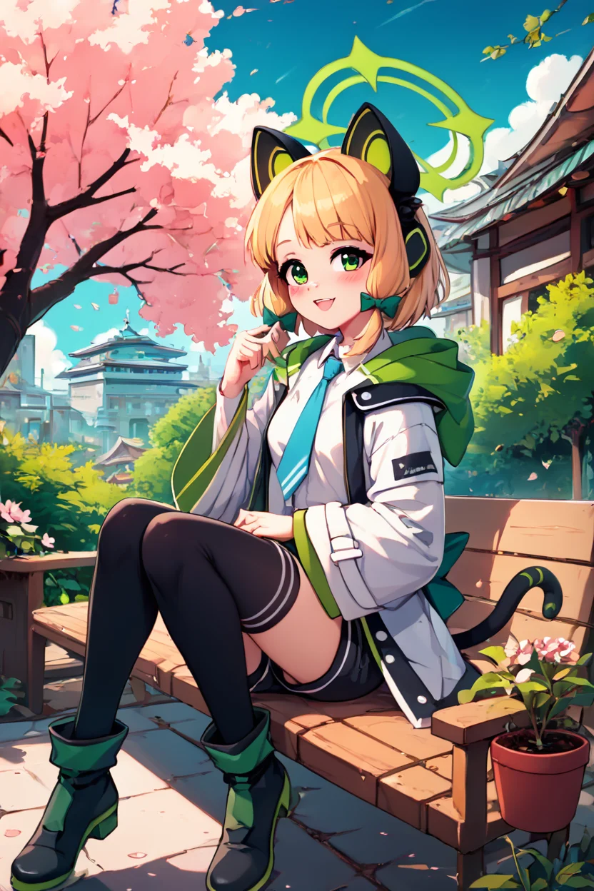score_9, score_8_up, score_8, medium breasts, (curvy), cute, eyelashes,       BREAK, , ,,, zzMidori, solo, blonde hair, short hair, green eyes, hair bow, tail, animal ears, fake animal ears, animal ear headphones, headphones, cat ear headphones, halo, hair bow, green halo,  tail, cat tail, green bow, black thighhighs, blue necktie, collared shirt, long sleeves, white jacket, white shirt, black shorts, blush, black footwear, open jacket, hood, wide sleeves ,<lora:Midori_BlueArchive_PDXL:1.0>,  ,,,, BREAK, sitting on bench, side view, smile, looking at viewer, cowboy shot,  ,,, BREAK, pnkBldng, sky, day, cloud, tree, blue sky, building, architecture, east asian architecture,  ,,, BREAK, embedding:zPDXL, Expressiveh,  ,,, <lora:PinkBuildingsPDXL_v2:0.6>, <lora:SDXLFaeTastic2400:0.5>, <lora:Expressive_H-000001:0.4>
