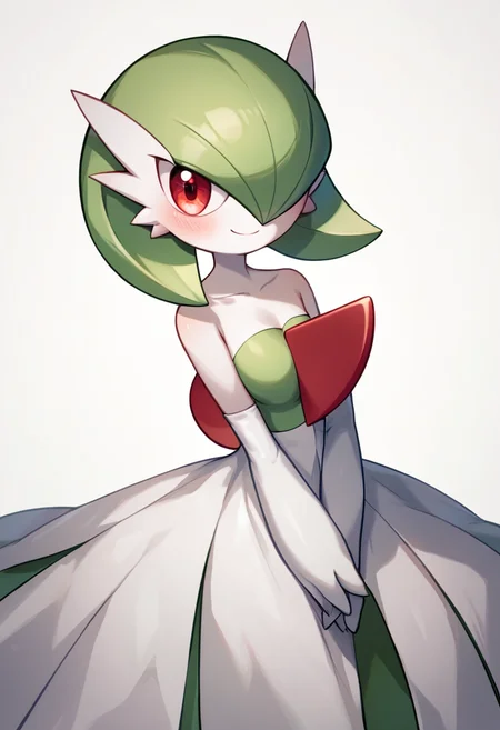 score_9, score_8_up, score_7_up,  <lora:gardevoir:1>ï¼1girl, bare_shoulders, blush, bob_cut, closed_mouth, commentary_request, elbow_gloves, green_hair, hair_over_one_eye, happy, highres, long_dress, looking_at_viewer, mega_gardevoir, mega_pokemon, one_eye_covered, own_hands_together, partial_commentary, pokemon_\(creature\), red_eyes, short_hair, simple_background, smile, solo, strapless_dress, v_arms, white_background, white_dress, white_gloves, white_skin