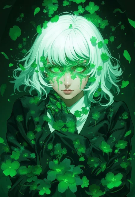An Acrylic style painting that is expressive, gives it a dynamic and emotional quality. Anime art of a stylized portrait of a woman with a ethereal green mist over her eyes. The mist creates a dramatic and surreal effect. The woman has a cold aesthetic, complimented by her white hair. Anime art of woman draped in shadows with a lighting that enhances her unique features.
The background is dark green, filled with green flower petals.
