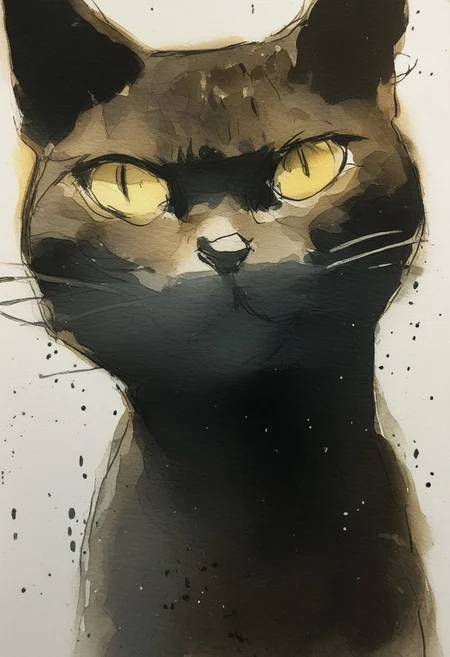 Watercolor painting of a neon paintsplash in the shape of a cat. Intense colors.