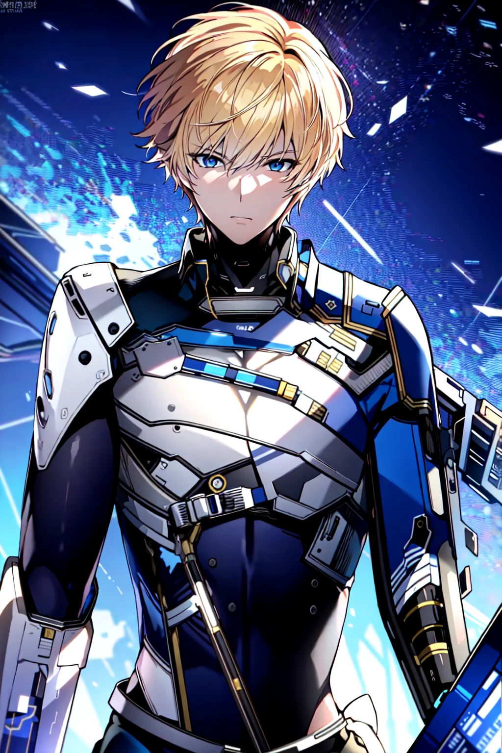 masterpiece, best quality, 1boy, blonde_hair, blue_eyes, breasts, gun, holding, jacket, short_hair, simple_background, solo, upper_body, weapon, white_background,sky,star \(sky\), <lora:JW:0.6>,starry,strry light,night,