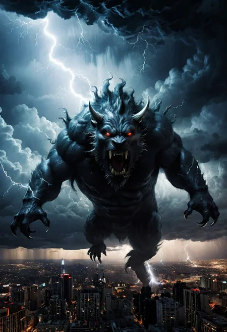 black clouds, rain, lightening, dark, night, ( beast appears from the rolling cloud), The beasts looks down as he towers above the city below, DEVIL SPAWN